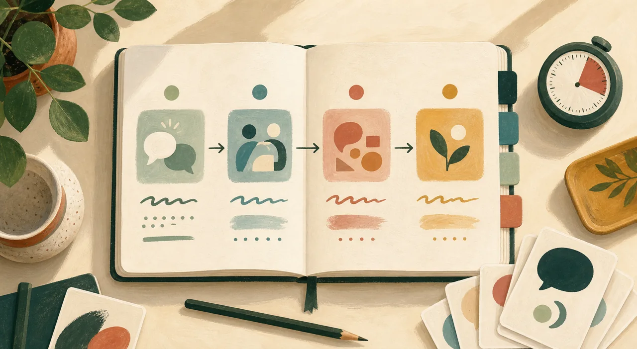 An illustrated lesson notebook showing conversation, focused practice, and progress in stages