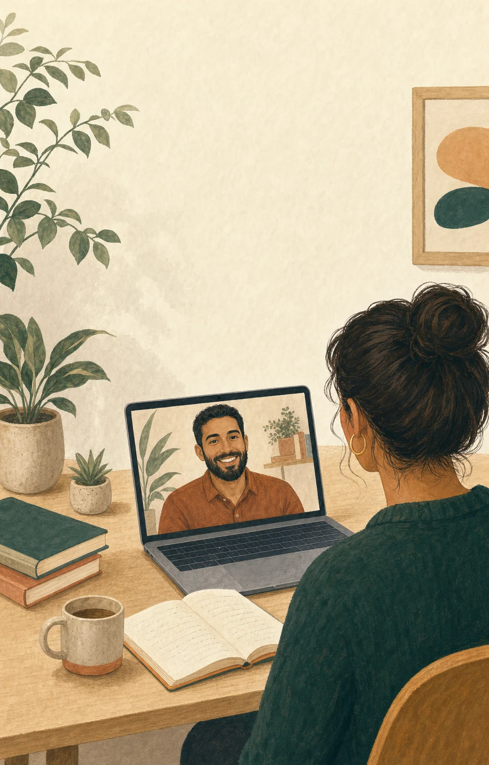 A learner practices conversation with a male private language tutor over video call